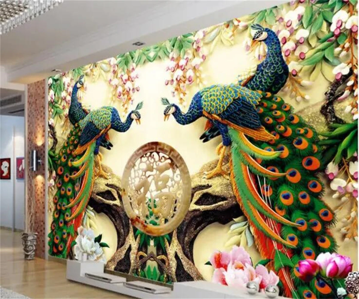 beibehang Customized modern fashion papel de parede wallpaper three-dimensional relief golden peacock background mural