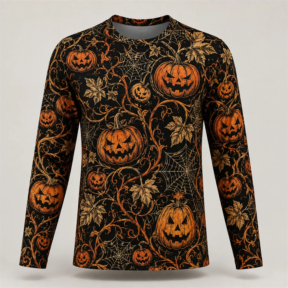 Full Over Print Jack-o'-Lantern Dark Black T-shirt For Men Halloween Party Long Sleeve T Shirts Raven Ghost 3D Print Holiday Tee