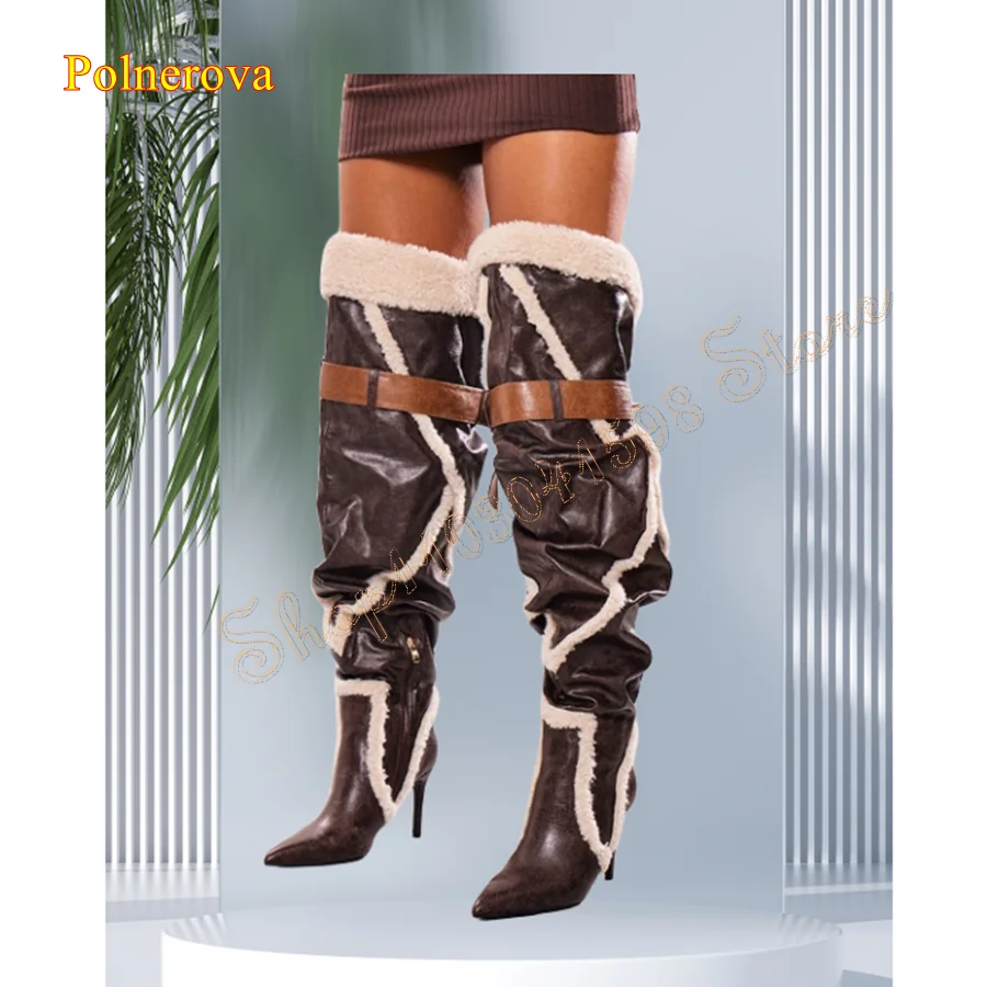 

Winter Furry Leather Patchwork Boots,Pointed Toe Stiletto Buckle Over The Knee Boots Women Boots 2023 New Zapatos Para Mujere