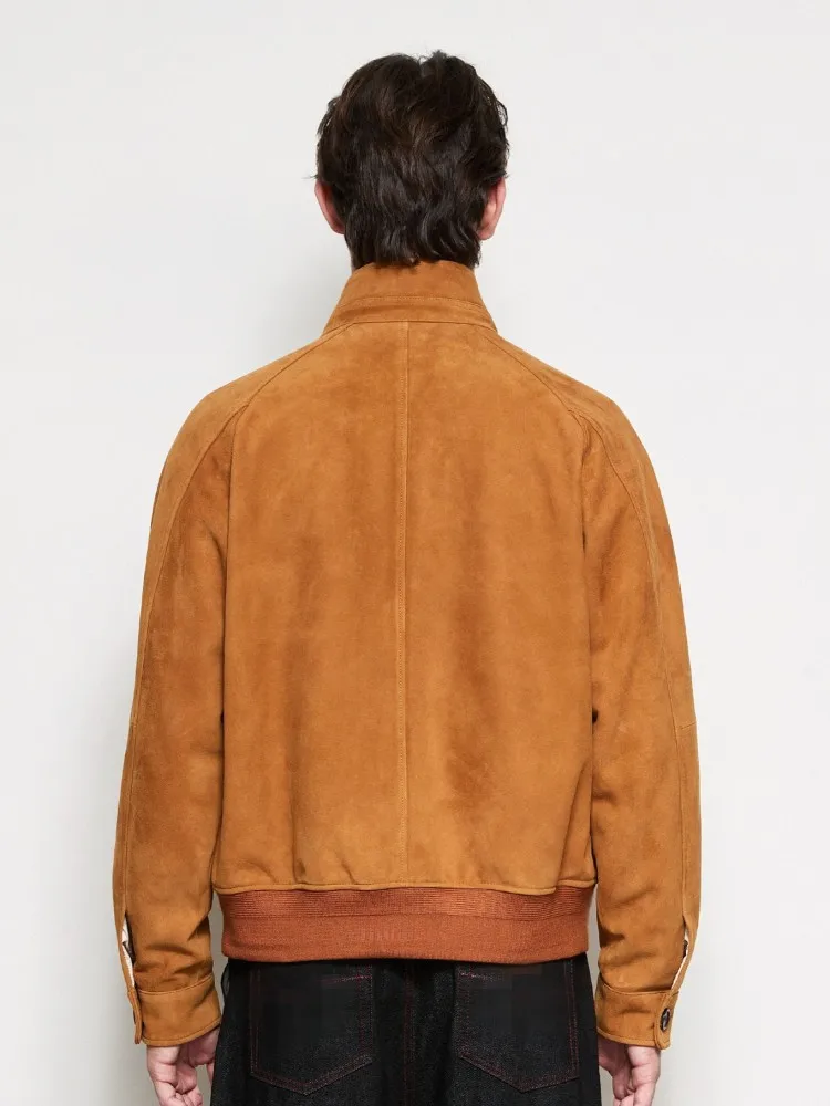 Italian Style Vintage Mens Genuine Leather Jacket Stand Collar Zipper Loose Fit High Quality Suede Sheepskin Casual Pilot Coat