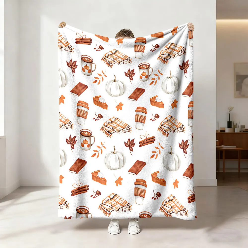 1pc autumn warm brown pumpkin coffee print blanket, flannel blanket, suitable for sofa naps or leisure use