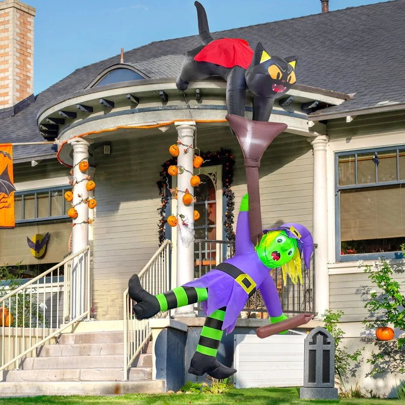 Air mold garden ornament roof LED Halloween inflatable decoration cat pull witch broom