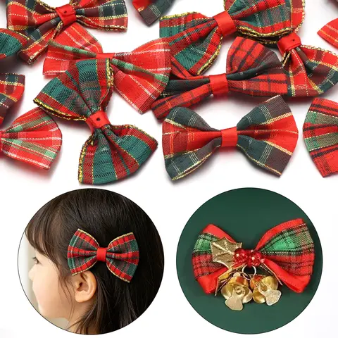 10pcs Polyester Gold‑Edge Plaid Bows Red‑Green Christmas Bow Ties for DIY Gift Wrapping Xmas Decoration Hair Accessories