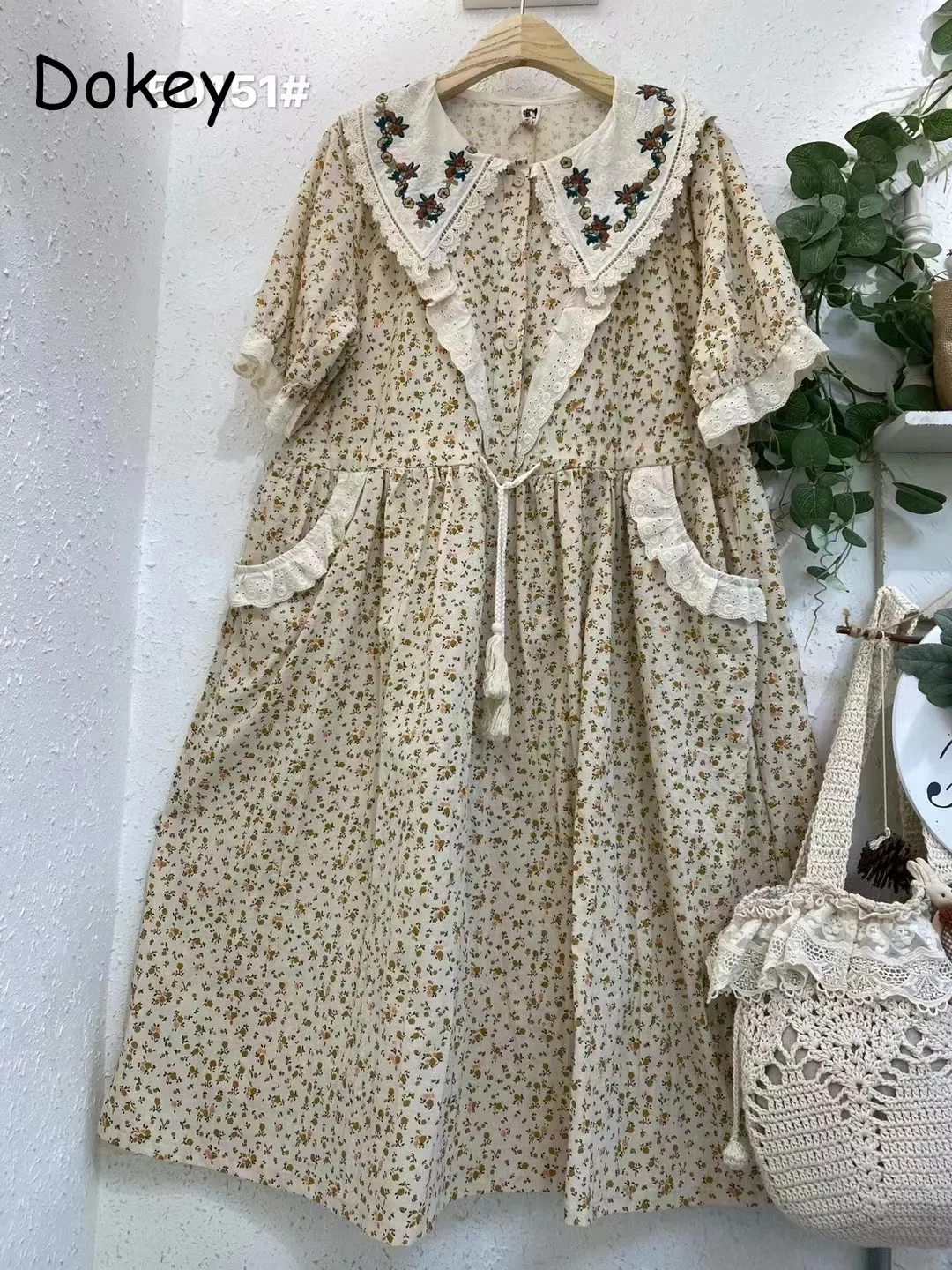 Vintage Embroidery Mori Girl Art Print Dress Women Japan Peter Pan Collar Lace-up Loose Floral Dress Casual Cotton Linen Vestido