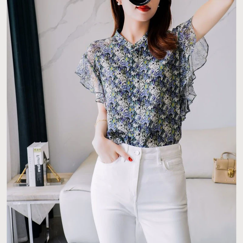 Elegant Printed Butterfly Sleeve Floral Chiffon Shirts Women\'s Clothing 2024 Summer Loose All-match Tops Office Lady Blouses