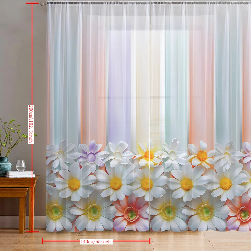 2PCS Home decoration daisy colored printed window screens with pole bags, suitable for kitchens, cafes, and living rooms