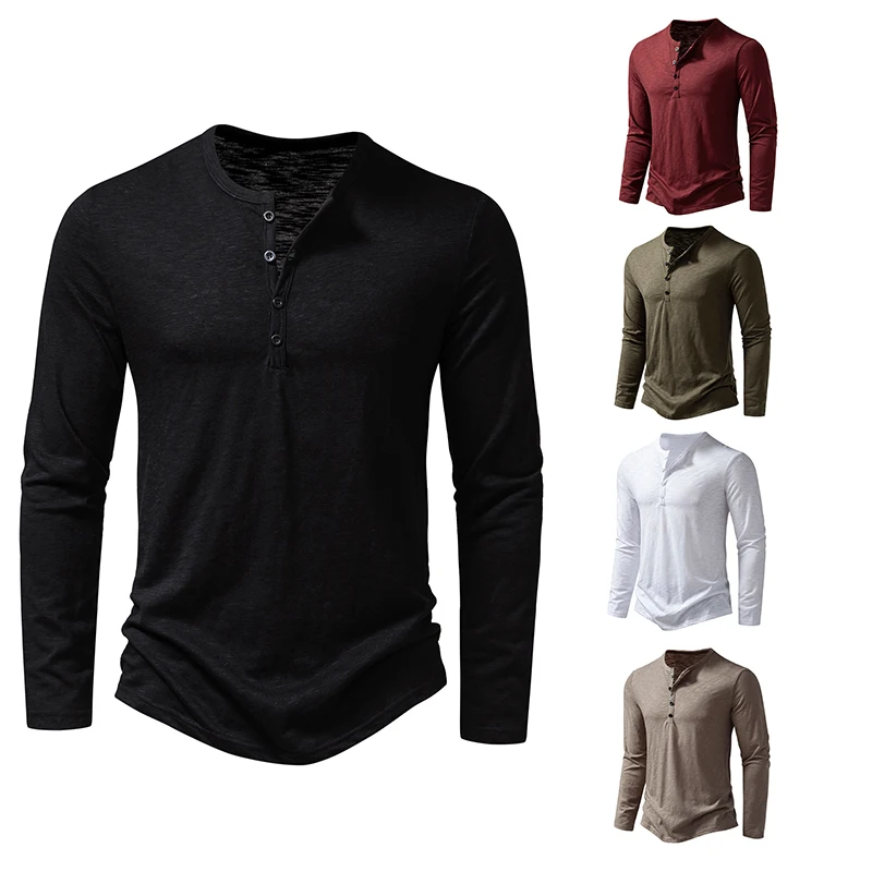 T Shirt Men Long Sleeve New Fashion Solid Henley Neck T-shirts Spring Casual Cotton Button Cotton T Shirts Hip Hop Top Tees