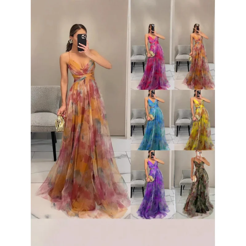 

2026 New Tie-Dye Gradient Mesh Evening Dress V Collared, Waist-Cinching, Long Strap Dress