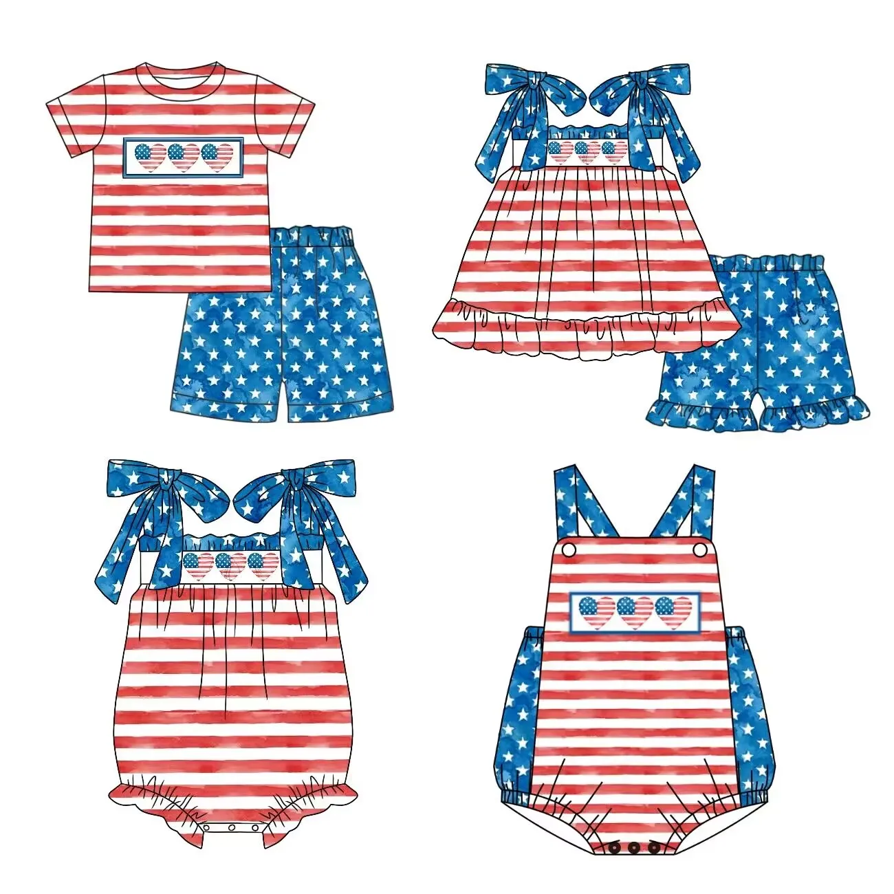 

independence Day brother and sister clothes short sleeve suit Heart and flag graphic print Red plaid and blue polka dot fabric