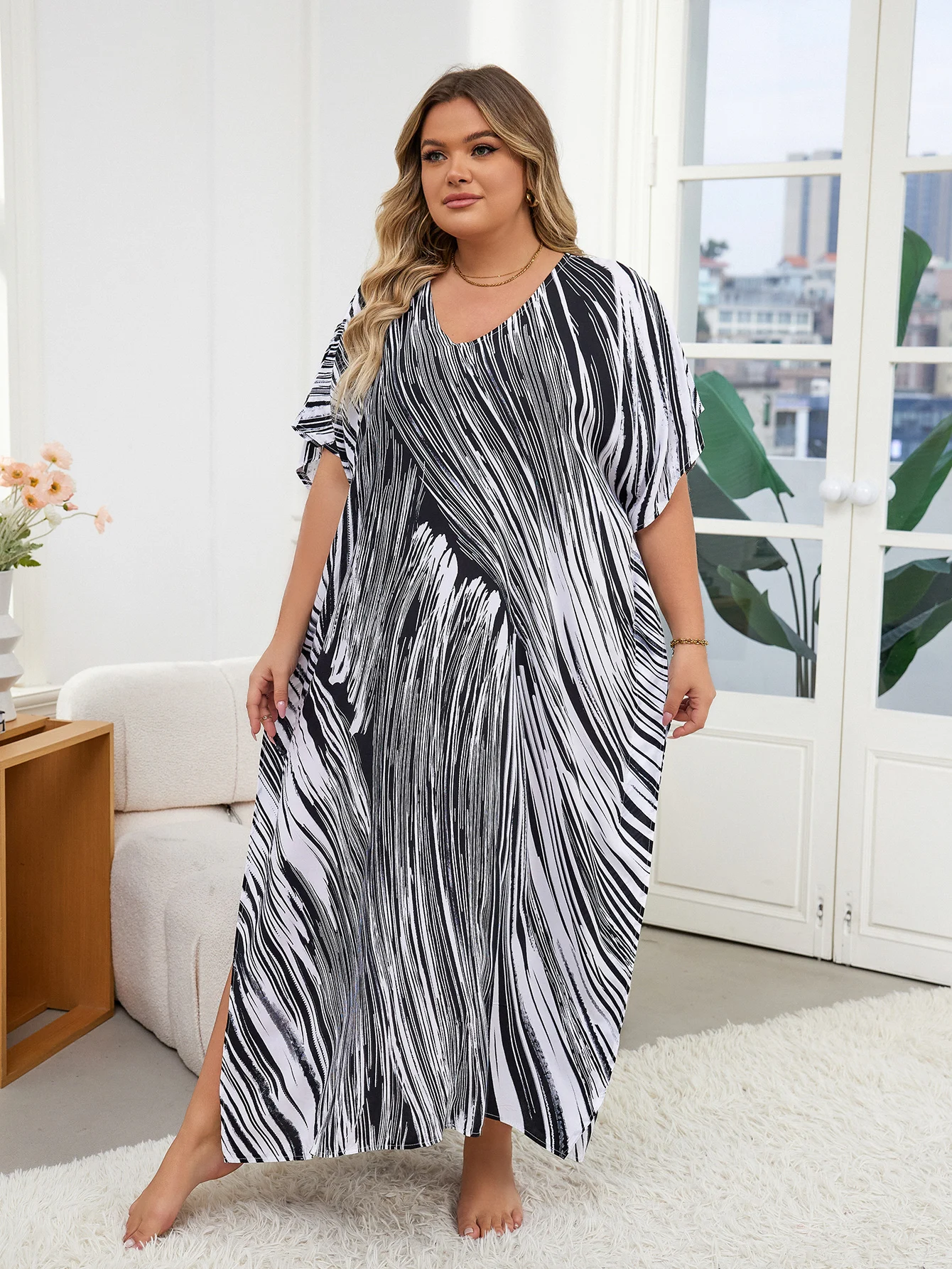 Elegant Striped Side Split Plus Size Kaftan Dress For Women 2024 Summer Sexy V Neck Batwing Sleeve Beachwear Maxi Dresses Q1594