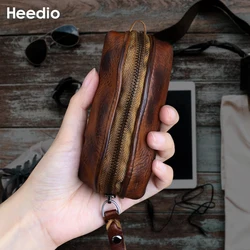 Large Capacity Retro Soft Cowhide Key Bag Zipper Buckle Genuine Leather Key Case Short Vertical Square Shape Soft Surface