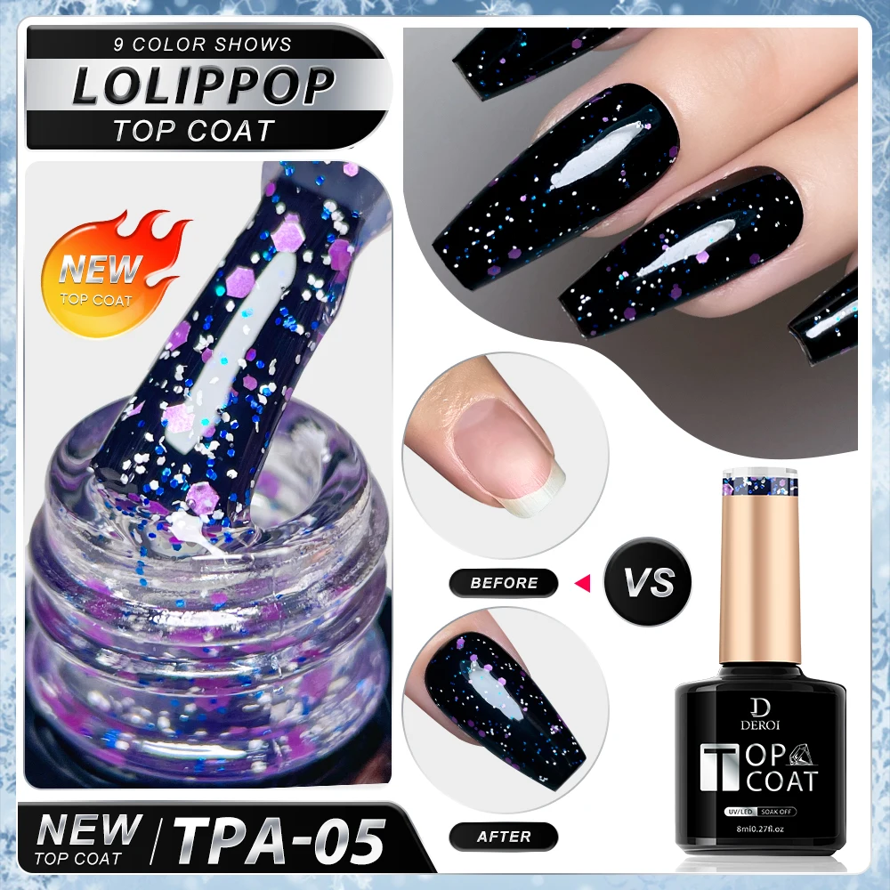 DEROI Glitter No Wipe Top Coat Gel Clear Nail Polish Flash Top Coat UV Gel Matte Topcoat Soak Off Manicure Semi Permanent