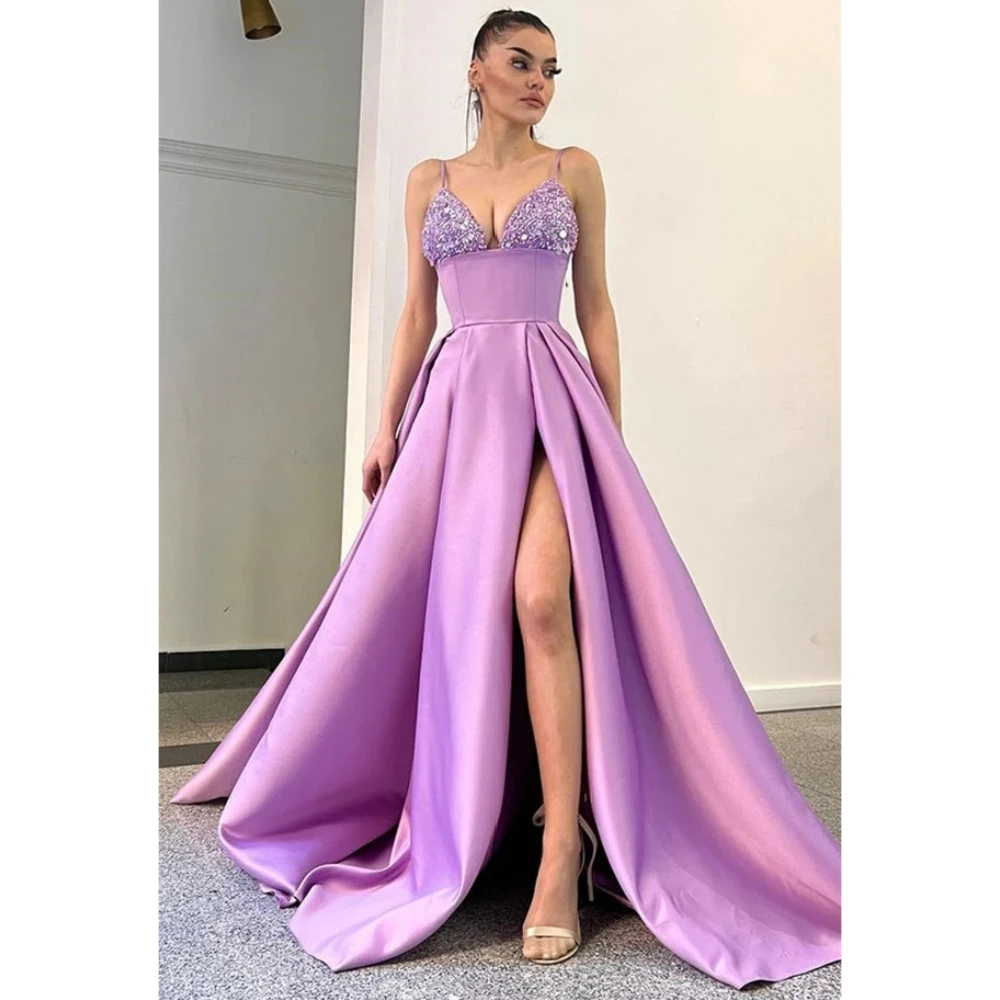 

Sexy Empire Evening Dresses V Neck With Sequined A Line Sexy Side Slit Ball Gowns Draped Satin Woman's Formal Bride Beach Party