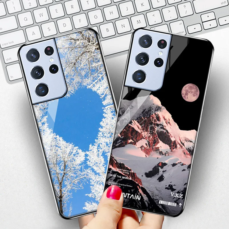 Hand Painted Phone Case For Samsung S21 S22 Ultra S20 FE Case Funda Galaxy S10 S9 S22 S21 Plus Hard Luxury Tempered Glass Cover