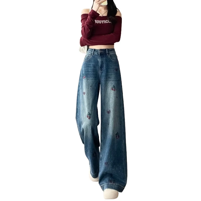 

Dark Blue Hot Diamond Wide-leg Jeans Women's Spring and Fall New Cherry Embroidery Design Straight Floor-length Pants Commuting