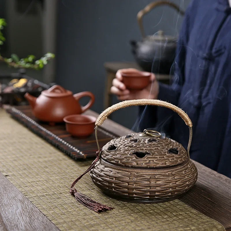 1pcs Portable Bamboo Basket Incense Burner for Home Indoor Vintage Ceramic Aromatherapy Mosquito Repellent Agarwood