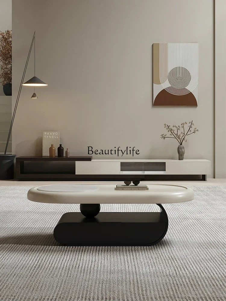 yj9  Italian Style Extendable TV Cabinet Modern Minimalist Living Room Home Cream Style Contrasting Color Floor Cabinet