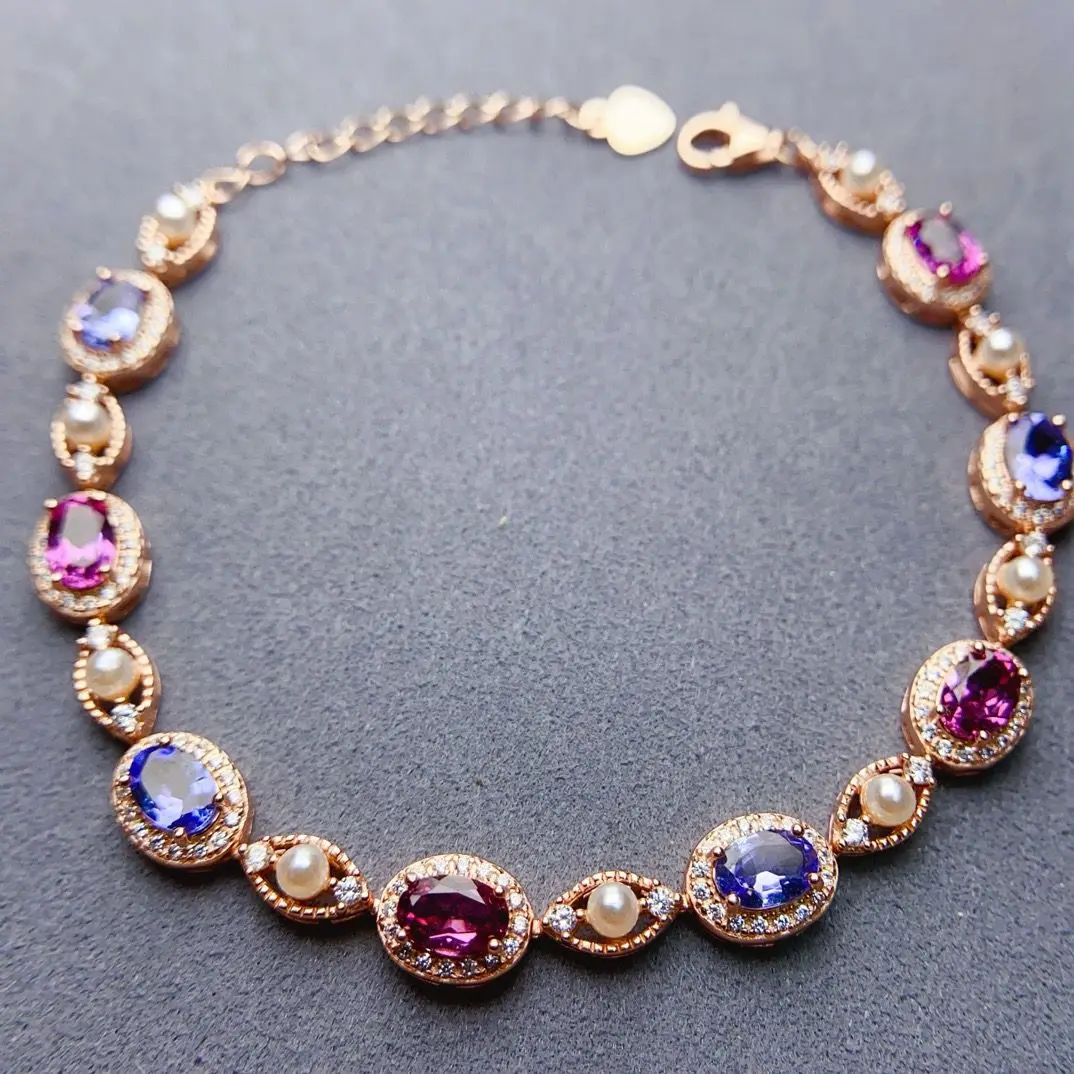 

ZECAA 925 Jewelry Tanzanite Bracelet For Woman With Natural Tanzanite Red Tourmaline 4*6mm S925 Silver Tanzanite Bracelet