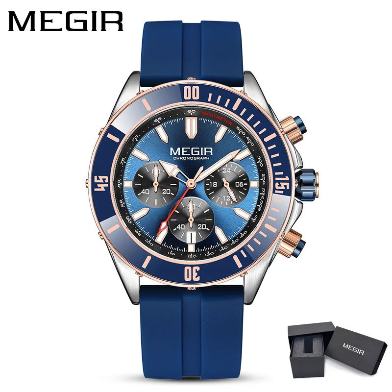 MEGIR 2226 Men Quartz Watch Silver Blue Black Business Chronograph Luminous Wristwatch with Stainless Steel Silicone Strap