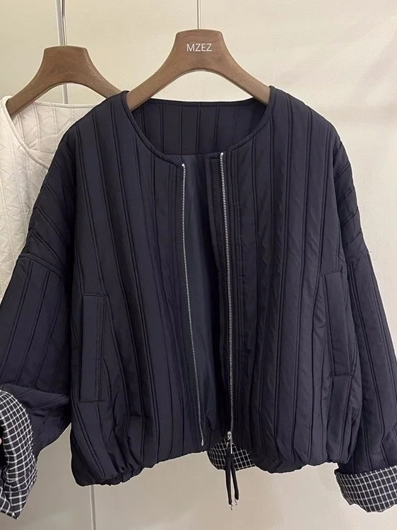 

Outlet 2025 Winter New Simple Casual round Ne Cotton Jaet Thiened Long Sve Zipper Closure Color Korean Sle