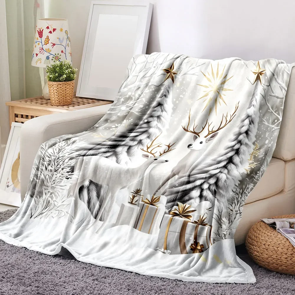 Christmas Winter Wonderland Blanket - Featuring Two White Deer with Golden Antlers, Snow-Covered Evergreens, Golden Sunburst & G