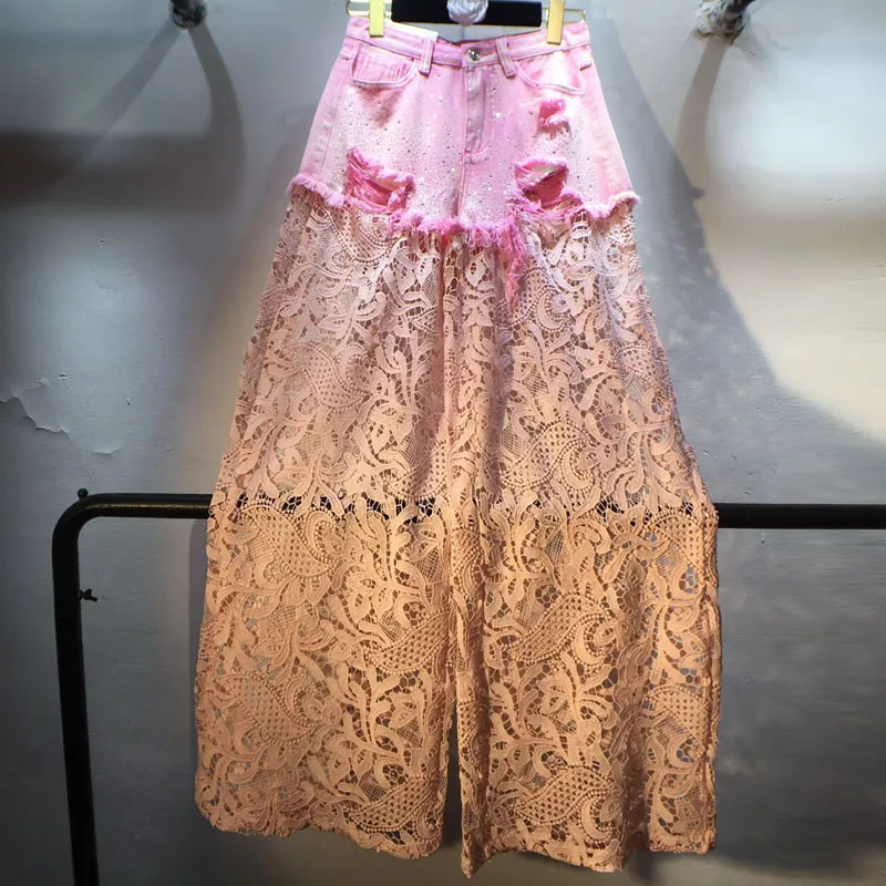 

European Denim Lace Pants for Women, 2025 Summer New Splicing Hollow Crochet Lace Wide Legs Worn Hot Diamond Jeans Trousers