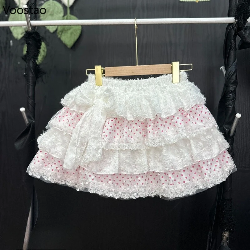 

Japanese Kawaii Lolita Style Skirt Women Sweet Polka Dot Print Ruffles Bow Cake Skirt Girls Y2k Party Mini Skirts Faldas Mujer