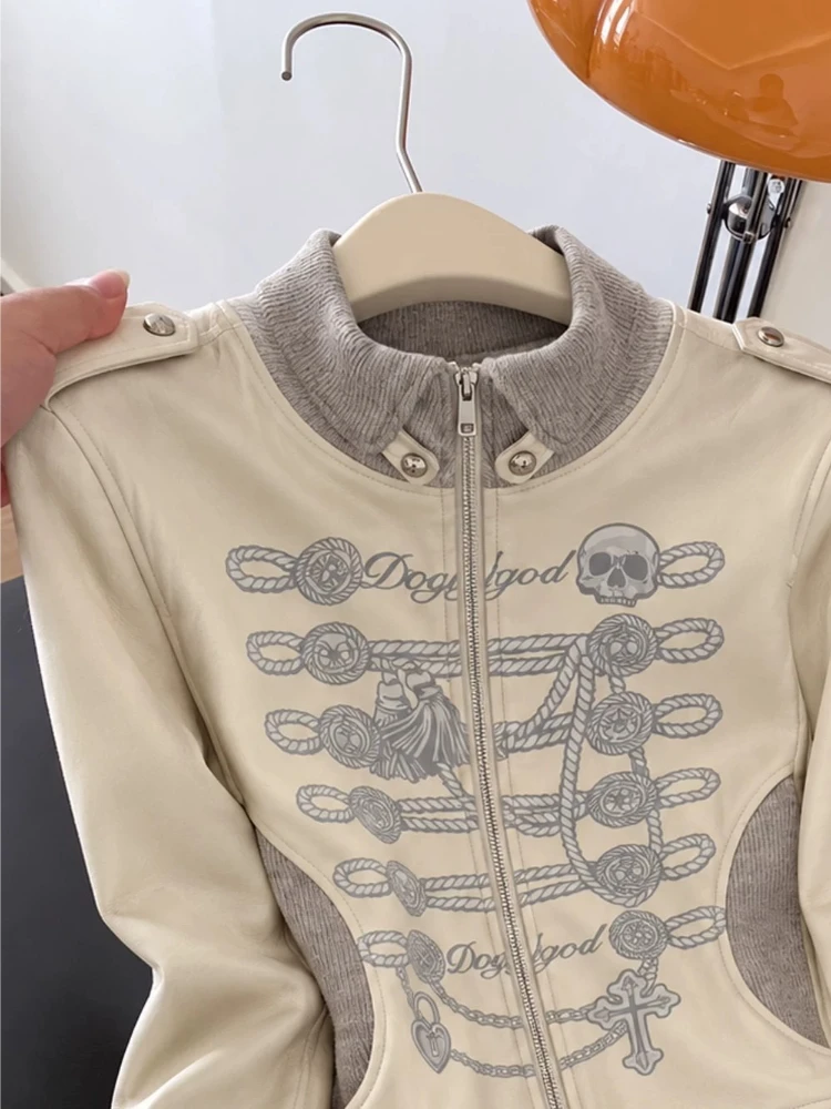 Cardigan Women Sweet Cool Stand Collar Casual Vintage Knot Skull Print Epaulet Button Accent Cinched Cropped Chic Fashion Top