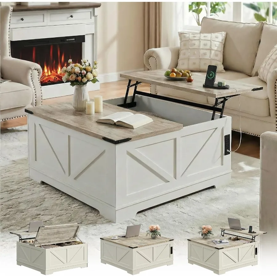 Farmhouse lift top coffee table for living room and home office, white wood square table with storage, charging station and USB