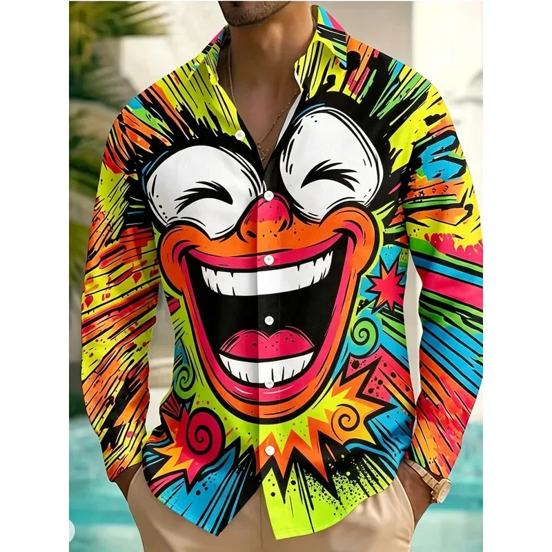 Men's Long Sleeve Shirt Comic Cartoon Face Print  Button‑Down Shirts Loose Top For Party Holiday Street Dating Daily Wear