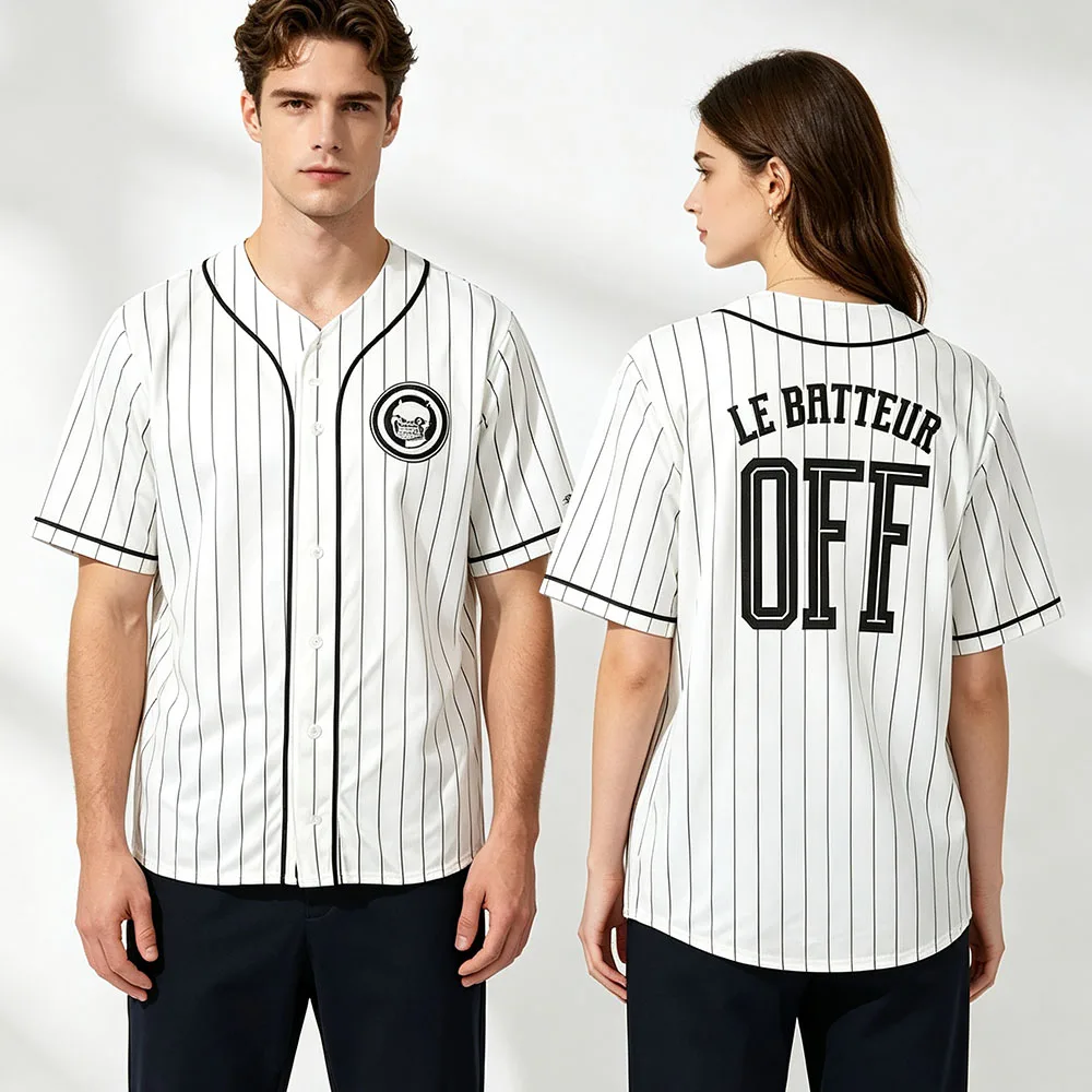 Game OFF The Batter's Jersey Short Sleeve Button‑Down Shirt Vintage Letter Graphic Print Loose Hip Hop Streetwear Pinstripe Tops