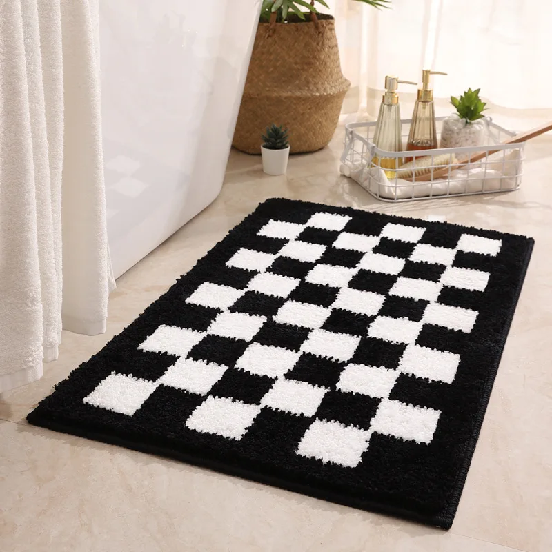 Inyahome Black and White Checkered Bath Mat Plush Microfiber Absorbent Bathroom Rugs Luxury Machine Washable Indoor Doormat Rugs