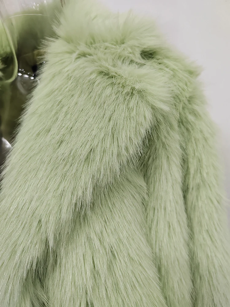 DEAT Fashion Women\'s Faux Fur Coat Lapel Loose Long Sleeve Fluorescent Green Thick Warm Plush Overcoat Winter 2022 New 7AB2448