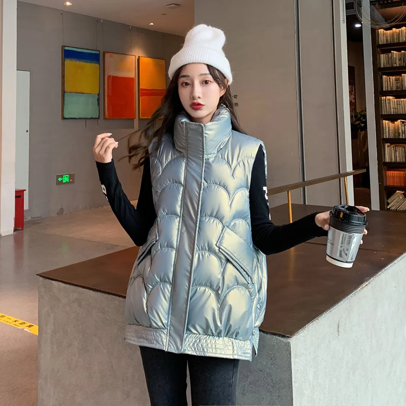 New Gloosy Parka Vest Thicken Warm Winter Jacket Women Casual Sleeveless Stand Collar Parka Coat Ladies Loose Chic Outwear