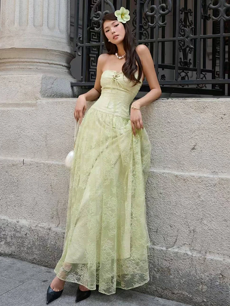 Macheda – robe Maxi Style doux pour femmes, épaules dénudées, dos nu, Jacquard, ourlet Patchwork, froncée, élégante, longue, moulante