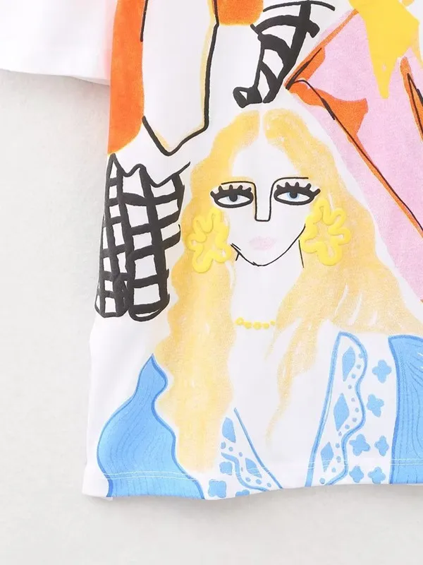 تي شيرت فضفاض مستدير Ne ort Sve أبيض للنساء تصميم مطبوع أنيق مريح مناسب كاجوال Sle كارتون إبداعي