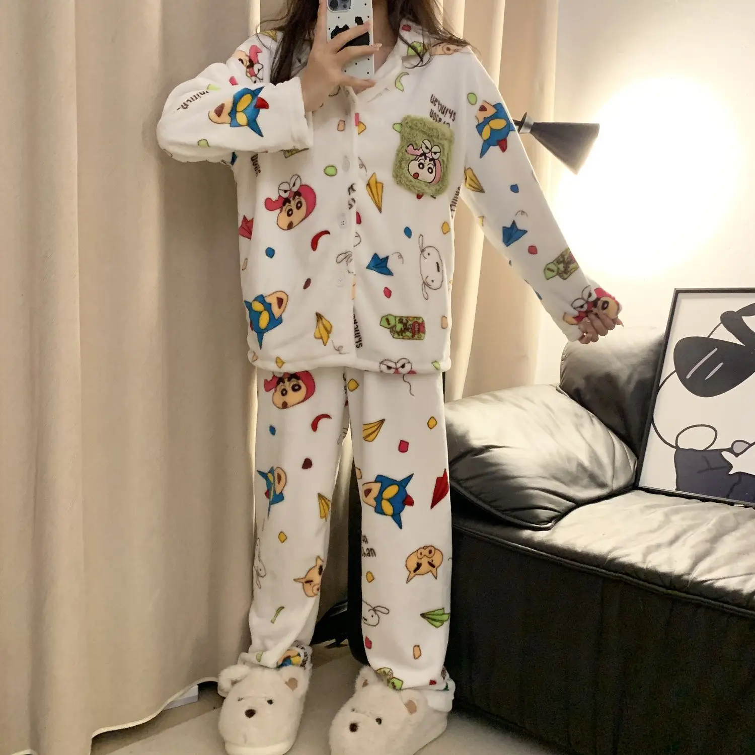 Kawaii Anime Crayon Shin-Chan Woman's Pajama Set Cute Girls Coral Fleece Robe Pajama Pants Winter Warm Outdoors Hooded Homewear view 6