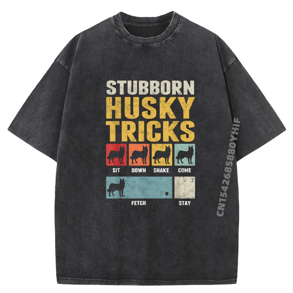 

Stubborn Husky Tricks Classic Gift T Shirts Graphic Tees For Men Retro Washed Clothes Autumn Printed Tshirt