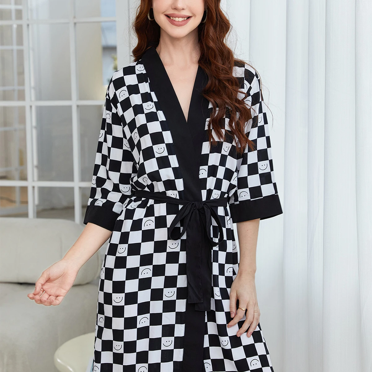 RONGTAI Womens cotton-like Checkerboard Bathrobe Ladies sexy pajamas Oversized Nightgown High end sleepwear Home Wear