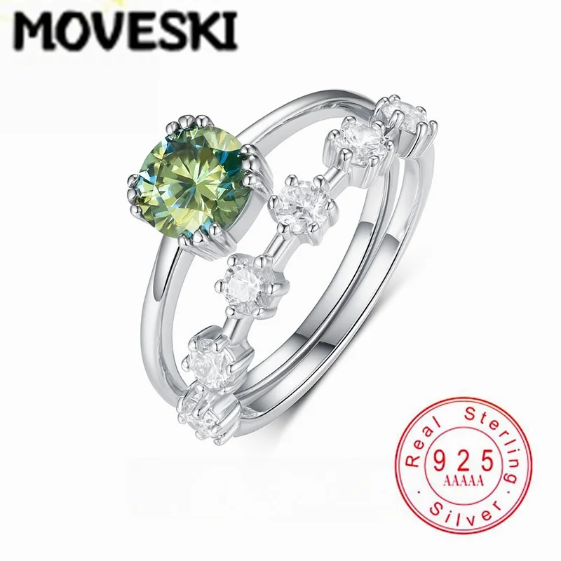 MOVESKI 1CT Teal Green Moissanite Ring Real S925 Sterling Silver Finger Ring For Women Luxury Fine Jewelry Gift