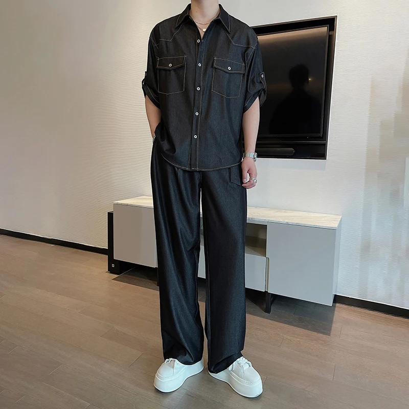 IEFB Business Casual Men\'s Set Summer New Male Two-piece Suit Lapel Short Sleeve Shirt Straight Pants Lace-up Design 9C6447