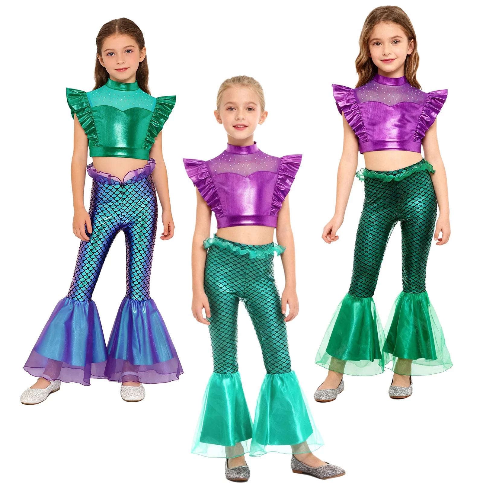 

Girls 2 Pcs Mermaid Cosplay Costumes Metallic Rhinestone Tank Crop Tops with Fish Scales Print Elastic Waist Ruffle Flared Pants