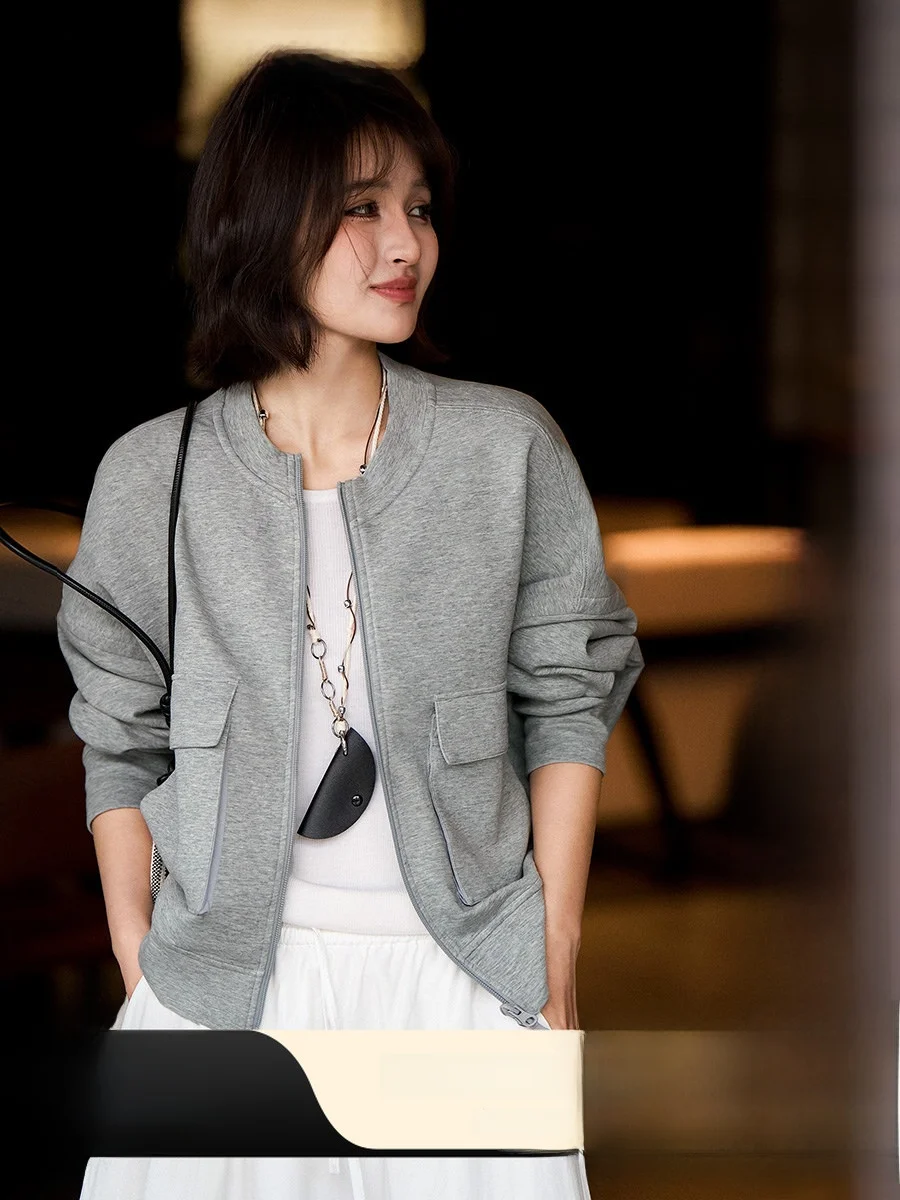 

Xhange Casual Loose Fit ort Baseball Jaet Sweatirt Cardigan Spring 2026 Women's Practical Sle Commute Cotton Blend