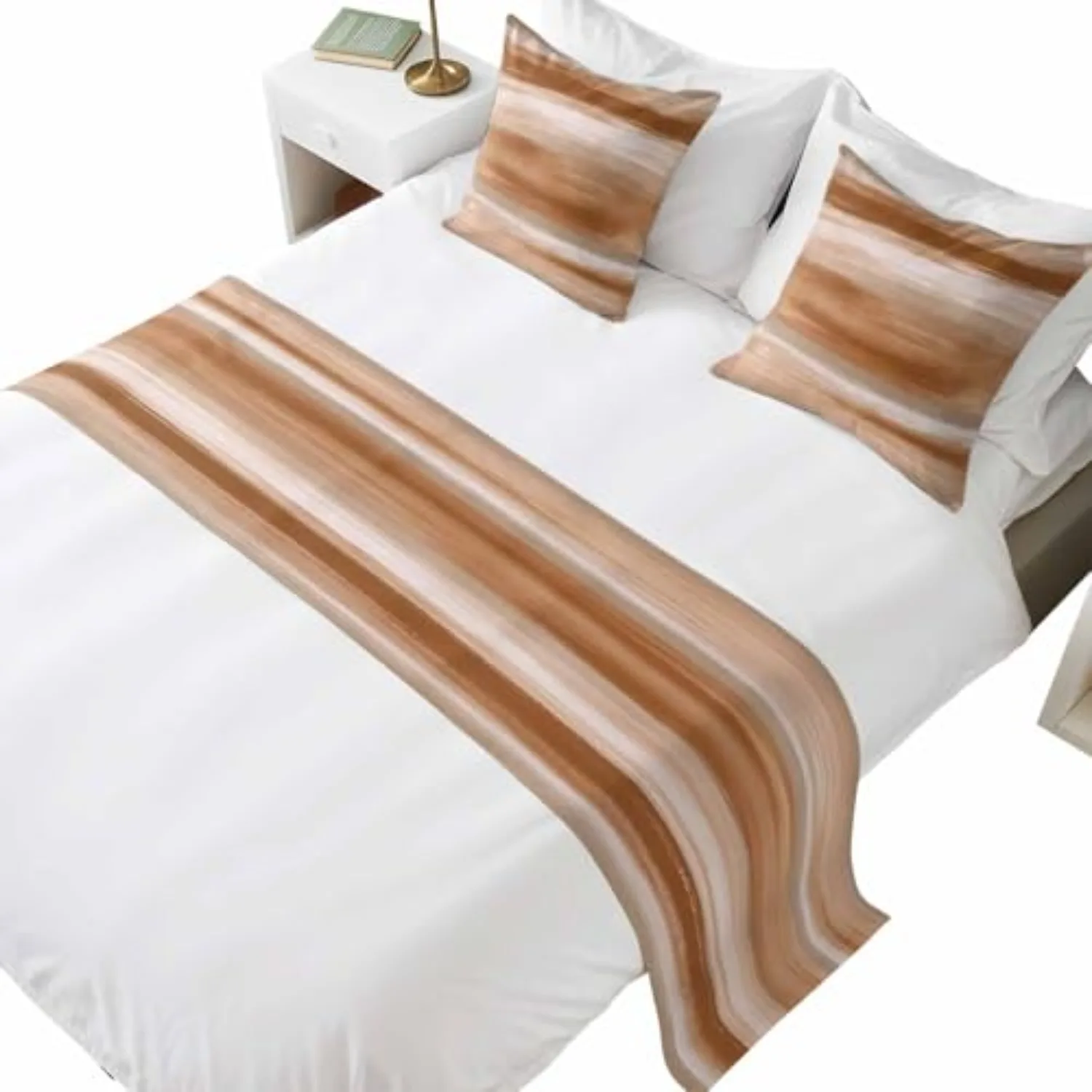 Bed Runner for King Size Bed, Brown Grey Decorative Beds Runners and 2 Matching Pillow Covers Set, Abstract Art Oil