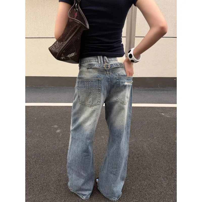American Vibe Retro Plus Size Loose Jeans Women Washed Distressed Lace Up Wide Leg Jeans Street Chic Daily Casual Trendy Pants