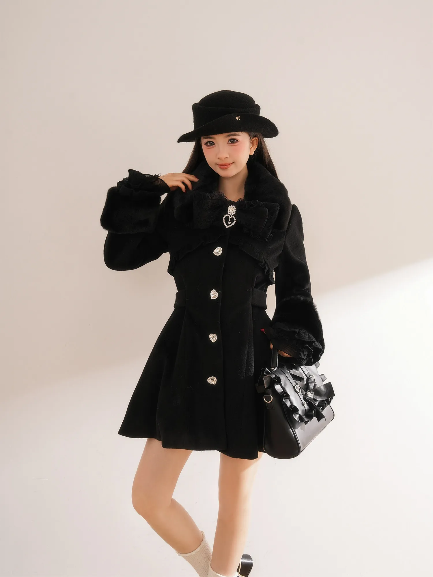 Women Sweet Lolita Coat Faux Fur Collar Lace Bow Heart Rhinestone Button A-line Winter Coat Kawaii Princess Lolita Coat
