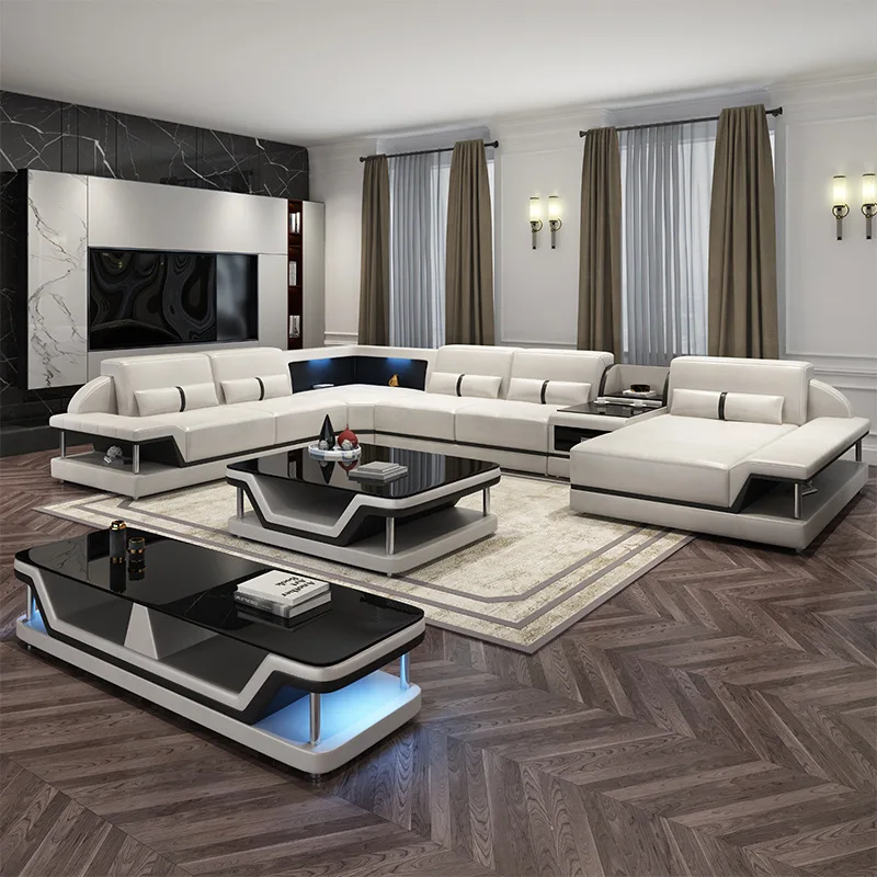 Modern Minimalist Genuine Leather Sectional Sofa Set with Built-in Storage and Glass Coffee Table & TV Stand Living Room