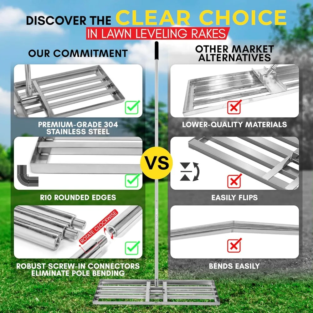 أداة تسوية العشب شديدة التحمل من الفولاذ المقاوم للصدأ 304 - أقصى قوة 76 بوصة عمود طويل جدًا - مشط تسوية الفناء لصياغة المروج الخالية من العيوب