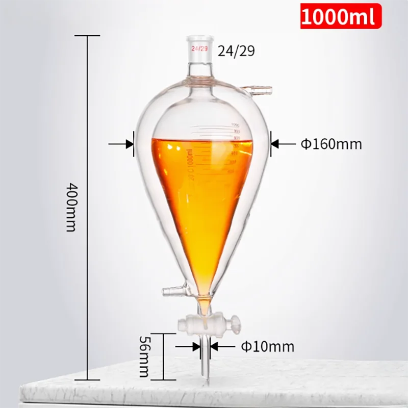 

Thick double-layer jacket pear-shaped liquid separation funnel spherical liquid separation funnel glass piston with scale