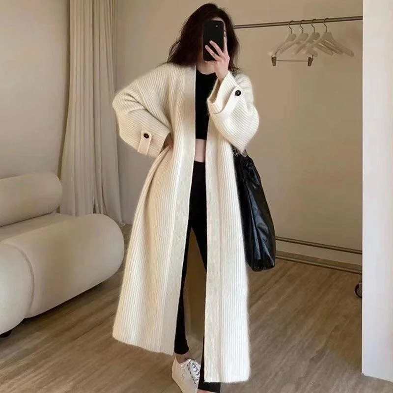 

Streetwear Women's Long Sweaters Coat Knitted Cardigan Jacket Girl Top Outerwear Autumn Winter V-neck Long-sleeve Loose Sweaters